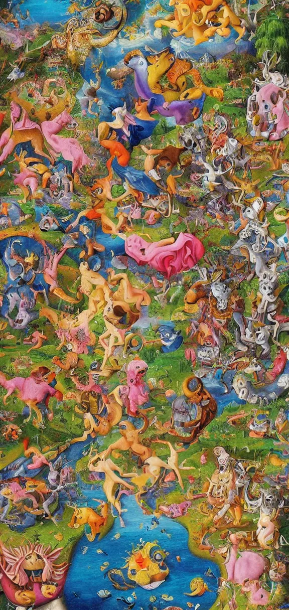 Image similar to an incredibly detailed masterpiece collaborative painting by bosch and lisa frank, ornate, detailed, high resolution, wow!, intricate