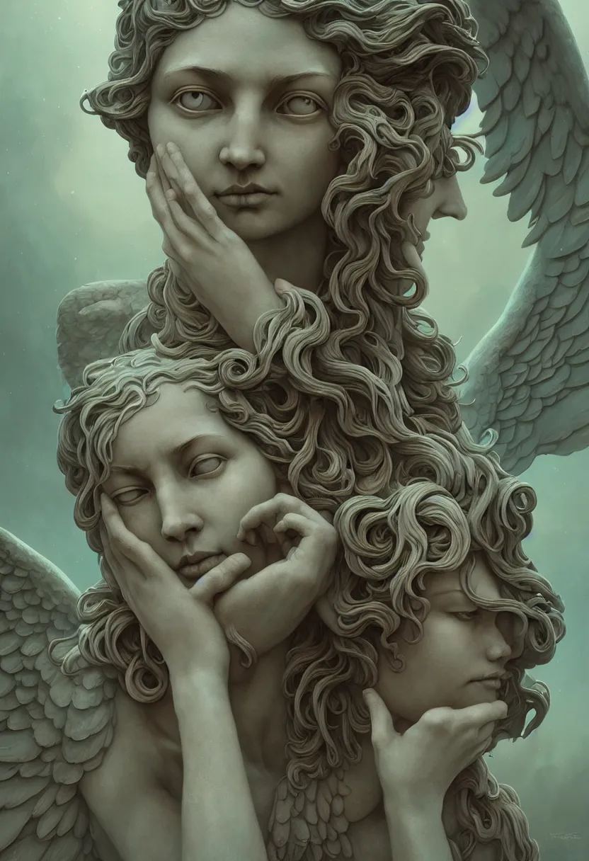 Image similar to beautiful very extreme closeup portrait, weeping angels, angel of grief, stone statues, the time of angels, blink, unreal engine, greg rutkowski, loish, rhads, beeple, tom bagshaw, alphonse mucha, global illumination, detailed and intricate environment