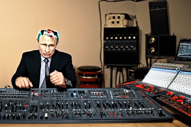 Prompt: Vladimir Putin programming a drum beat on a Roland Tr-909 in his moody music studio