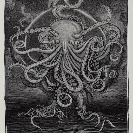 Image similar to a traditional portrait of cthulhu, night, clouds, illustration by Gustave Doré