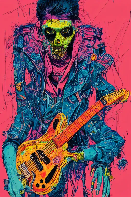 Image similar to risograph of a punk zombie playing guitar, tristan eaton, victo ngai, artgerm, rhads, ross draws, intricated details