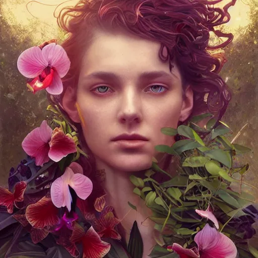 Image similar to a beautiful fine art portrait photo of a resting futuristic cyborg, wavy hair spread out, surrounded by hibiscus, daffodils, moth orchids, montsera leaves by tom bagshaw and zach sutton, soft lighting, very detailed, bionic, robotic, deep depth of field, artstation, 4K