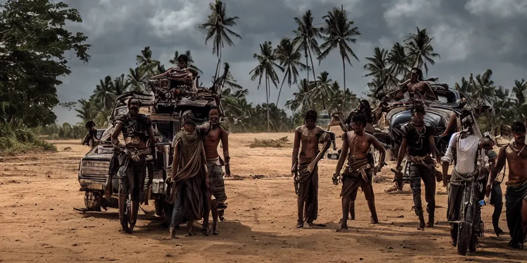 Image similar to sri lankan mad max style, film still, epic shot cinematography, rule of thirds