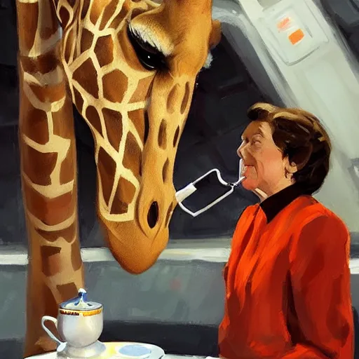 Image similar to a giraffe dressed like an astronaut drinking tea with queen isabel, trending on artstation, art by greg manchess, guangjian, detailed digital art, artstation hd