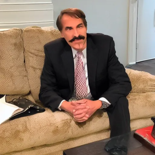 Prompt: mike lindell on disgusting couch smoking crack