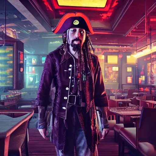 Image similar to a high quality portrait of a pirate in a cyberpunk cafe realism 8k