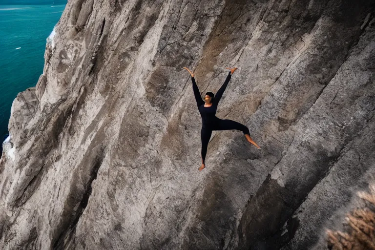 Image similar to photo of a gorgeous black model yoga on a Tesla on a cliff on the ocean By Emmanuel Lubezki