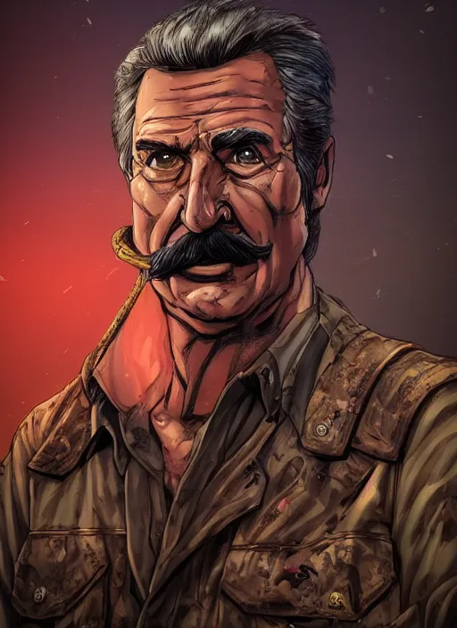 Prompt: A comic book style portrait painting of Magnum PI as a grim ranger in a post apocalyptic setting with bombarded broken trees, unreal 5, DAZ, hyperrealistic, octane render, RPG portrait, ambient light, dynamic lighting