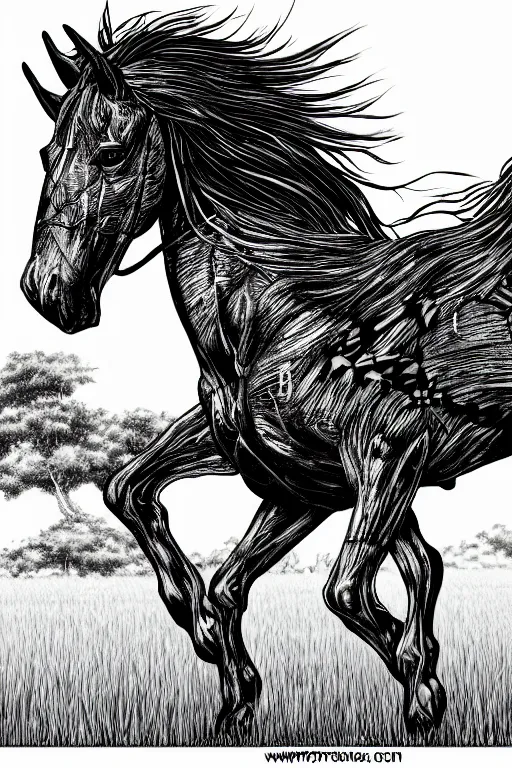 Image similar to horse in a field, symmetrical, highly detailed, digital art, sharp focus, trending on art station, kentaro miura manga art style