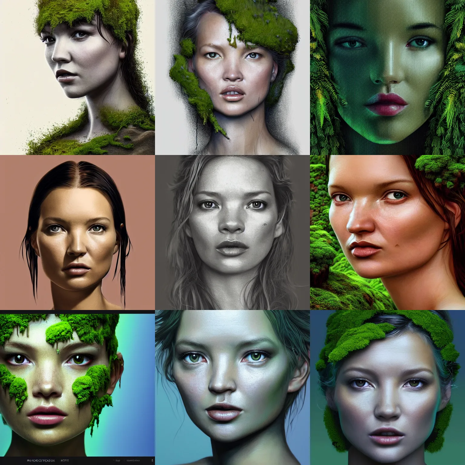 Prompt: portrait isometric drawing, printerest, close-up moss growing tropical kate moss like a mossy garden, face of kate moss, intricate, epic lighting, cinematic composition, hyper realistic, 8k resolution, unreal engine 5, by Artgerm, tooth wu, dan mumford, beeple, wlop, rossdraws, James Jean, Andrei Riabovitchev, Marc Simonetti, yoshitaka Amano, Artstation