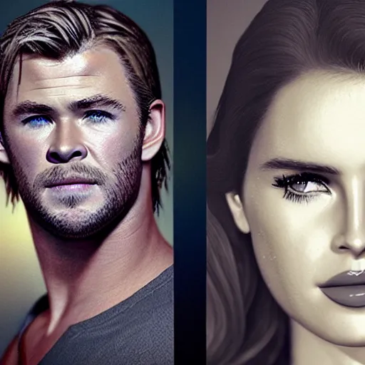 Prompt: chris hemsworth and lana del rey crossbreed, handsome, rendered in 3 d by xie boli, trending on artstation, 4 k, 8 k, photorealistic imagery, photorealistic details, intricate, highly detailed