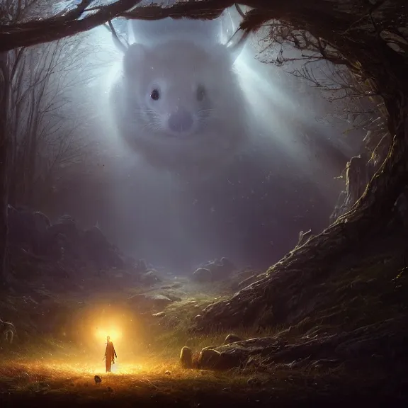 Image similar to a movie still from final fantasy live action, a ferret with personality, evocative, mystical night, sharp focus, very very very very detailed, award winning, masterpiece digital painting by greg rutkowski, alex grey, marc adamus, beautiful dramatic lighting, artstation, 4 k wallpaper, style by peter deligdisch, peterdraws