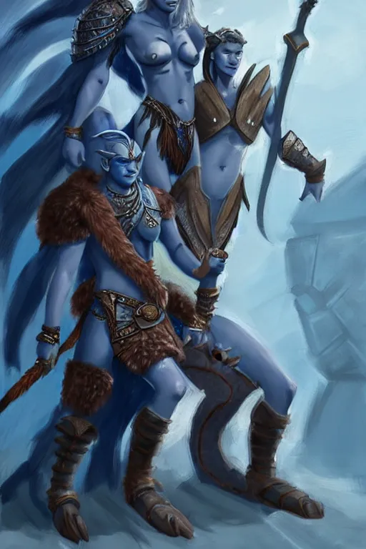 Image similar to a small blue-skinned triton girl wearing scale armor riding on a the shoulders of a large male goliath wearing fur and leather armor, dnd concept art, painting by troy denning