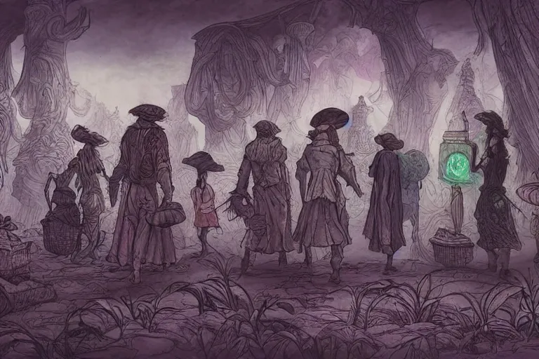 Prompt: merchant stand of portobello mushroomfolk merchant nomads traveling through a psychedelic landscape, in the style of Greg Broadmore and Arthur Rackham and Moebius, trending on artstation, light lighting side view,digital art,surrealism ,macro,blueprint ,vaporwave ,