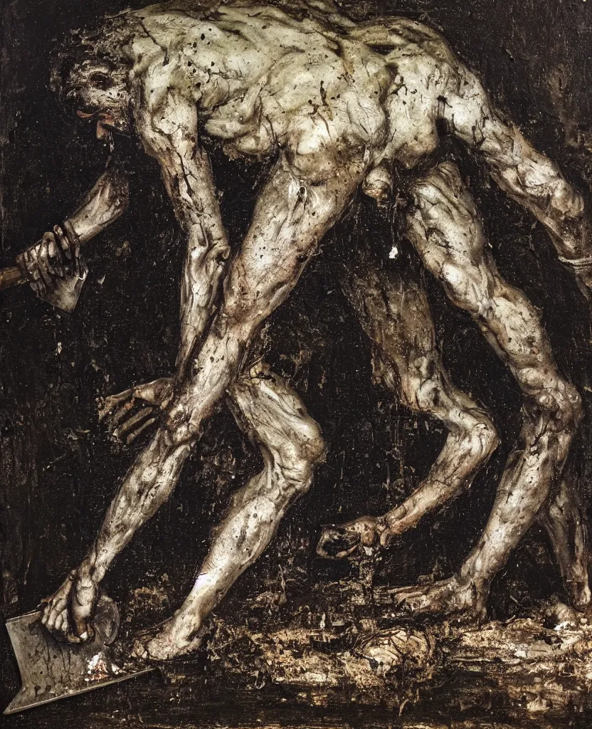 Prompt: a man with a shovel standing digging up a grave with a dead body, by Nicola Samori, painting, 8k, high detail