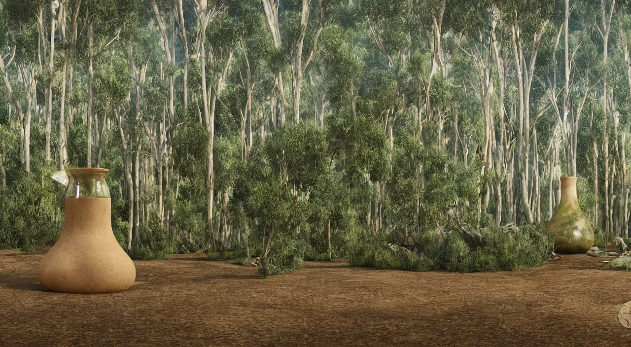 Prompt: a large ceramic still distilling eucalyptus into green oil, amphora, eucalyptus forest background, slope, romanesque, futuristic, vat, alchemical still, 3 d render, atmospheric, dynamic lighting,