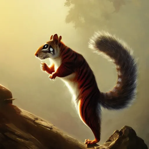 Image similar to Squirrel/tiger, magic the gathering artwork, D&D, fantasy, cinematic lighting, centered, symmetrical, highly detailed, digital painting, artstation, concept art, smooth, sharp focus, illustration, volumetric lighting, epic Composition, 8k, art by Akihiko Yoshida and Greg Rutkowski and Craig Mullins, oil painting, cgsociety