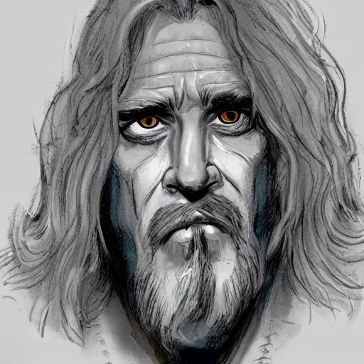 Prompt: Character portrait, face close up: Human Male Peace Domain Cleric. Peace will conquer all. Looks like The Dude from Big Lebowski. In the style of Ralph Horsley