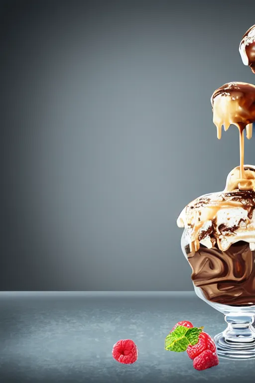 Prompt: digital realistic detailed art ice cream sundae with fudge dripping onto glass table in a parfait glass