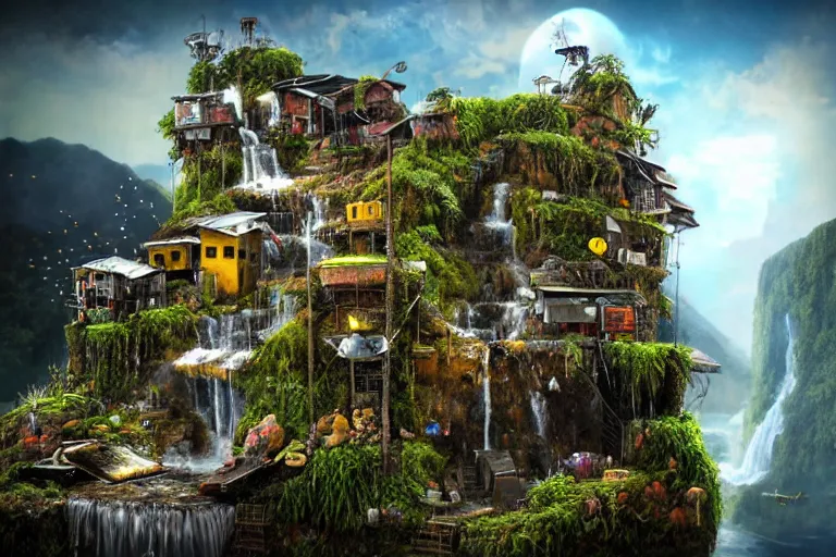 Image similar to mission waterfall favela honeybee hive, subconscious environment, industrial factory, award winning art, epic dreamlike fantasy landscape, ultra realistic,