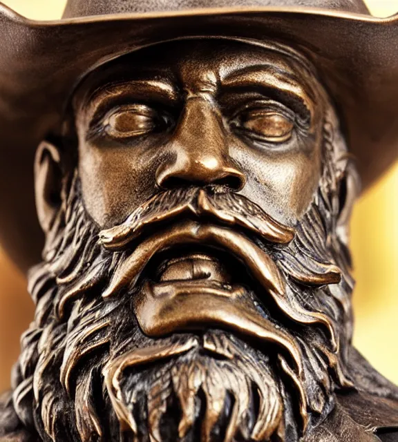 Prompt: a 4 k photorealistic photo medium shot of a bronze statue of a man with a beard wearing a cowboy hate.