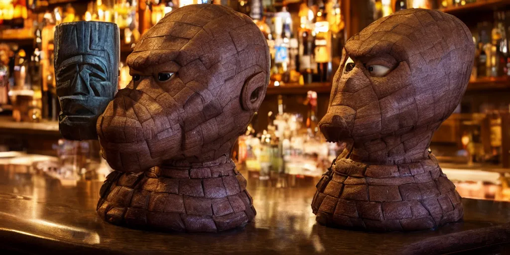 Image similar to phil spencer,, phil spencer, loseup photorealistic photograph of a ben grimm style tiki mug sitting on the bar at trader vic's with the face of ben grimm on it. fantastic four. tiki culture. bright scene. fine detail. this 4 k hd image is trending on artstation, 4 k,