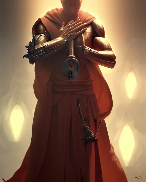 Image similar to a cyborg warrior monk praying, cyborg hands praying, wearing a flowing cloak, cyborg hardware, 3 d render, octane, zbrush, painting, artstation, concept art, smooth, sharp focus, illustration, art by artgerm and greg rutkowski