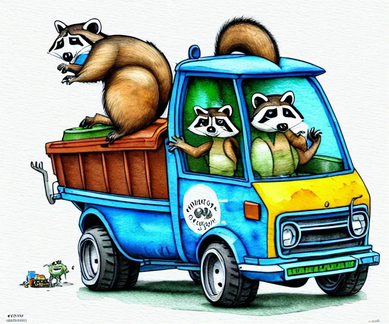 Image similar to cute and funny, racoon riding in a tiny garbage truck, ratfink style by ed roth, centered award winning watercolor pen illustration, isometric illustration by chihiro iwasaki, edited by craola, tiny details by artgerm and watercolor girl, symmetrically isometrically centered