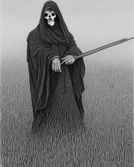 Prompt: faceless grim reaper with veil over face holding scythe at distance in beautiful meadow of flowers, detailed pencil illustration by gustave dore, highly detailed, centered, high resolution, smooth, sharp focus, illustration