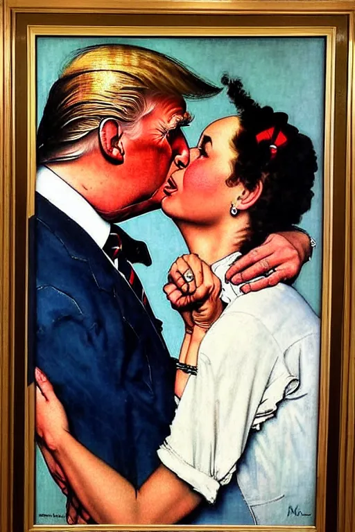 Prompt: romantic couple reunited in a train station, norman rockwell painting of donald trump kissing donald trump
