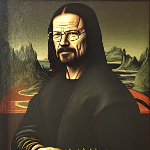 Prompt: A portrait painting of Walter White in the style of Mona Lisa, low contrast