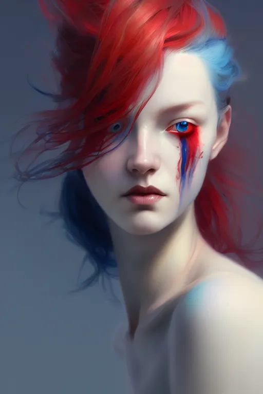 Image similar to portrait of a beautiful nordic woman, red eyes, blue haired, extremely detailed digital painting, in the style of fenghua zhong and ruan jia and jeremy lipking and peter mohrbacher, mystical colors, rim light, beautiful lighting, 8 k, stunning scene, raytracing, octane, trending on artstation
