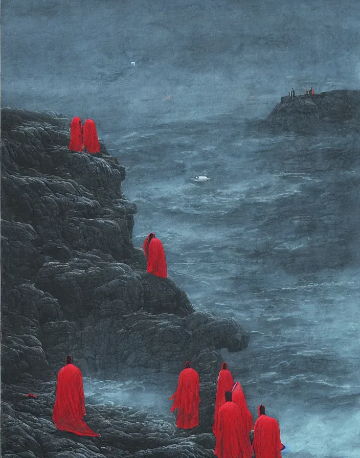 Prompt: worshippers in red robes belonging to the cult of the lighthouse clambering out of the water onto the rocky shore at the base of the light house, walking into the entrance of the light house, high detailed beksinski painting, part by adrian ghenie and gerhard richter. art by takato yamamoto. masterpiece, deep colours, blue