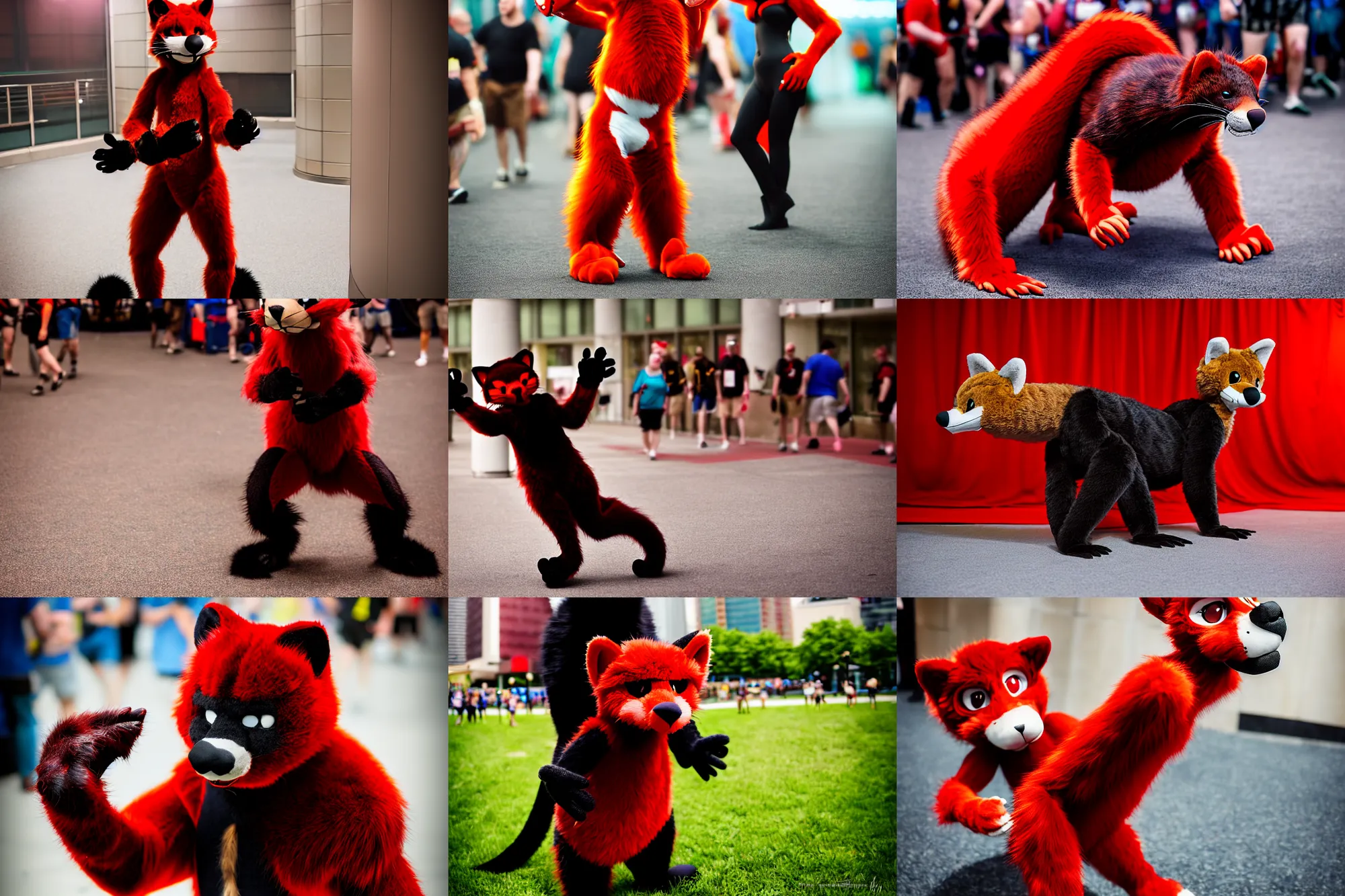 Prompt: fullbody photoshoot photo portrait of a cute roguish male red - black furred weasel furry fursuiter ( tail attached ), key visual, taken at anthrocon ( furry convention )