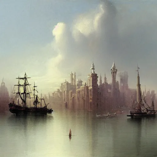 Image similar to by john harris ordered, saturated. a drawing of a tall ship sailing through a cityscape. the ship is adorned with intricate details, while the cityscape is filled with towering palaces & other grand buildings.