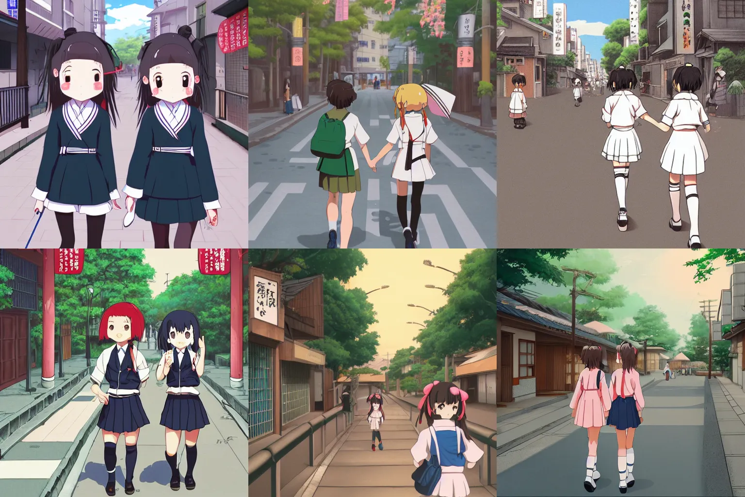 Prompt: two girls walking down a japanese street while eating dango, wearing school girl uniforms, digital, artstation, studio ghibli