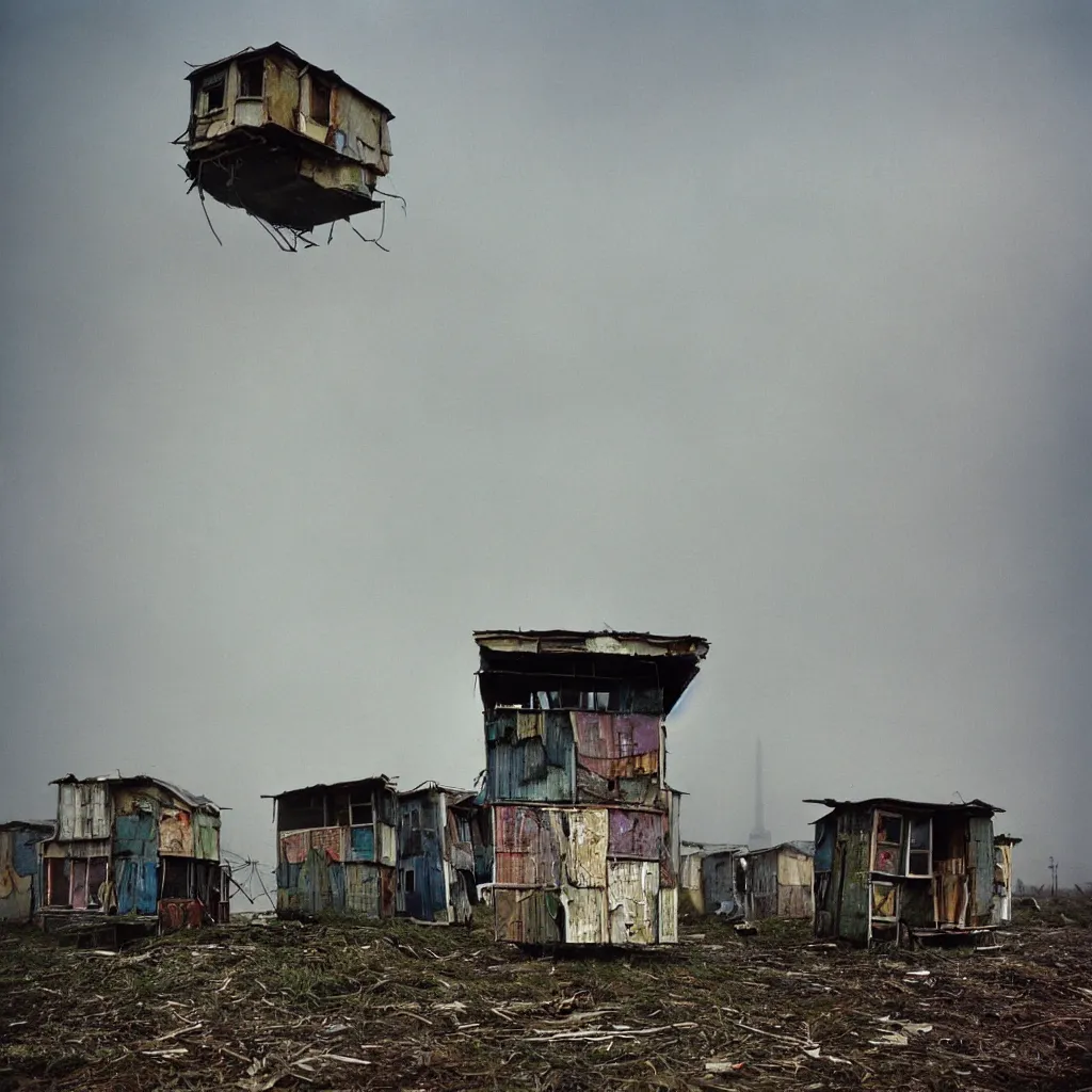 Prompt: close - up view of a tower made up of makeshift squatter shacks with faded colours, moody cloudy sky, uneven fog, dystopia, mamiya, fully frontal view, very detailed, photographed by bruno barbey