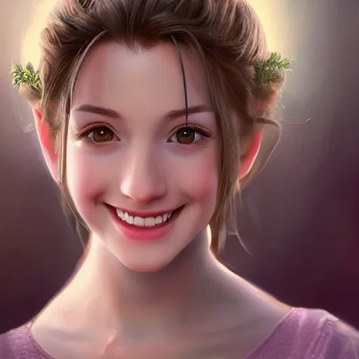 Image similar to portrait of aerith gainsborough smiling, matte painting, ultra realistic, highly detailed, sharp focus, cinematic lighting, mood lighting, realistic, vivid colors, painting, photorealistic, digital art, non blurry, sharp, smooth, illustration