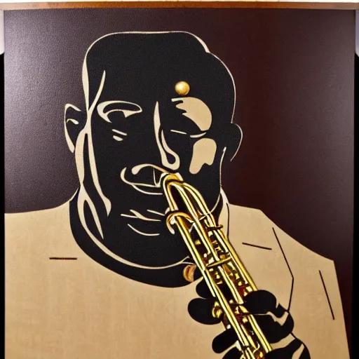 Prompt: marquetry art of jazz musician playing trumpet solo