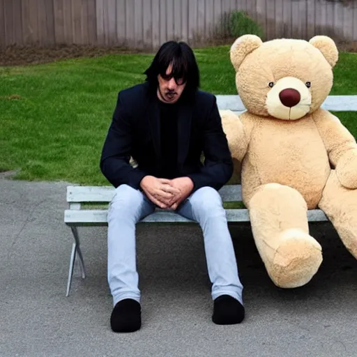 Prompt: sad keanu sitting on bench with huge stuffed teddybear, wide angle