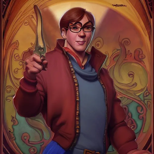 Prompt: fred from scooby - doo ( 1 9 6 9 ), d & d, fantasy, intricate, elegant, highly detailed, digital painting, artstation, concept art, matte, sharp focus, illustration, hearthstone, art by artgerm and greg rutkowski and alphonse mucha