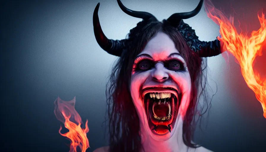 Image similar to portrait of a beatuiful sinister laughing woman with horns made of flames in gothic attire, horror, creepy vibe, looking into the camera, nightmare fuel, studio photography, studio lighting, realistic render, octane render, 4 k, 8 k, face in focus