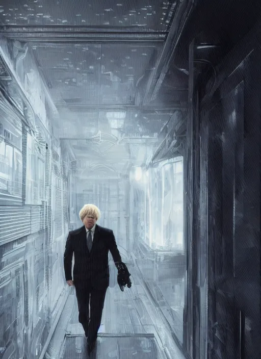 Image similar to ultra realist and ultra intricate detailed soft painting of a metal Putin fighting Boris Johnson in a futuristic hallway, sensual gloomy style, volumetric clouds, artstation, unreal render, depth of field