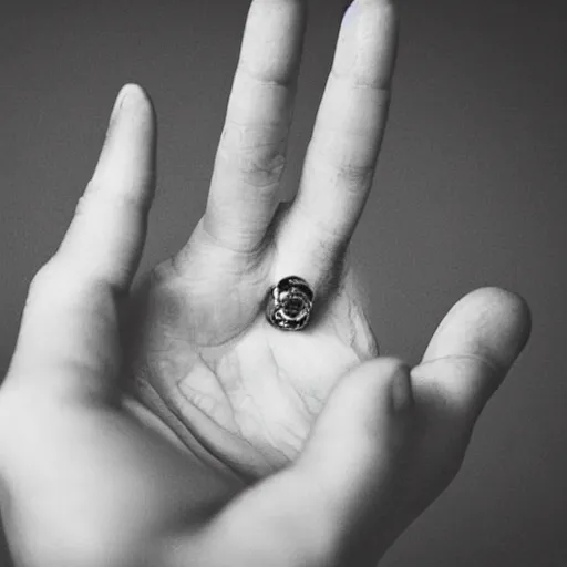 Image similar to normal man's hand with five fingers and a ring and a cigarette between the fingers