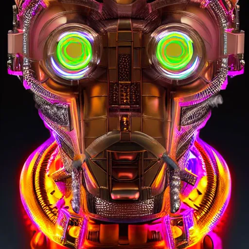 Image similar to portrait of a glossy claymodel of a steampunk aztec futuristic robot head, top of the head is a crown made of wires and multicolored glowing tubes, eyes are multicolored led screen, 8 k, front shot, symetrical, flourescent colors, halluzinogenic, multicolored, insanely detailed, 3 d render, octane