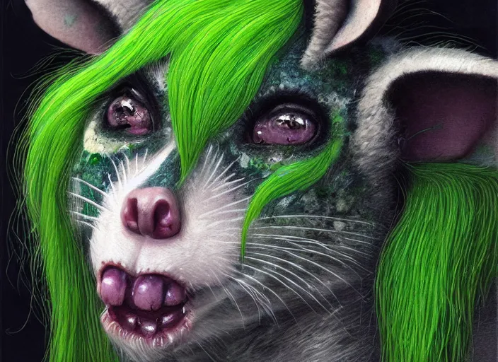 Image similar to face portrait of a anthro green zombie opossum fursona with long dark hair. Ruined stormy city. Glorious sun beams, intricate, elegant, highly detailed, digital painting, short focus, illustration, Allan Lee, John Howe