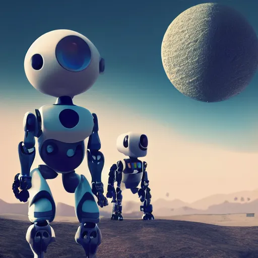 Prompt: robot on a new world, two small moons in the background, hyper realistic, octane render, micro details