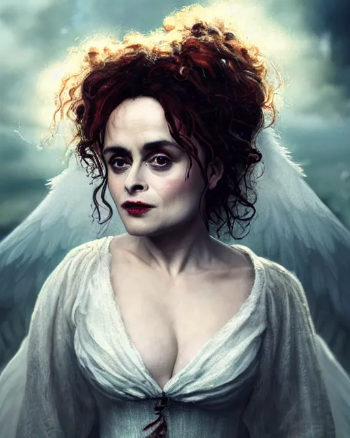 Image similar to Full potrait of Helena Bonham Carter as an angel, hyper realistic, prismatic highlights, atmosphere, gorgeous, depth of field, cinematic, macro, concept art, 50mm, artstation, wlop, elegant, epic, weta digital, focus, octane render, v-ray, 8k, kodak portra, art by Liberatore