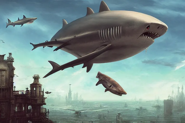 Image similar to a SHARK blimp, steampunk, digital art, extremely detailed, flying over a city, greg rutkowski, cinematic