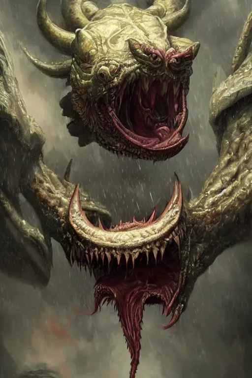 Image similar to ultra realist and ultra intricate detailed soft painting close up view of a gigantic wyrm opened mouth eating a minotaur, symmetry features, slimy tongue, sensual gloomy style, volumetric clouds, cyberpunk background, artstation, unreal render, depth of field